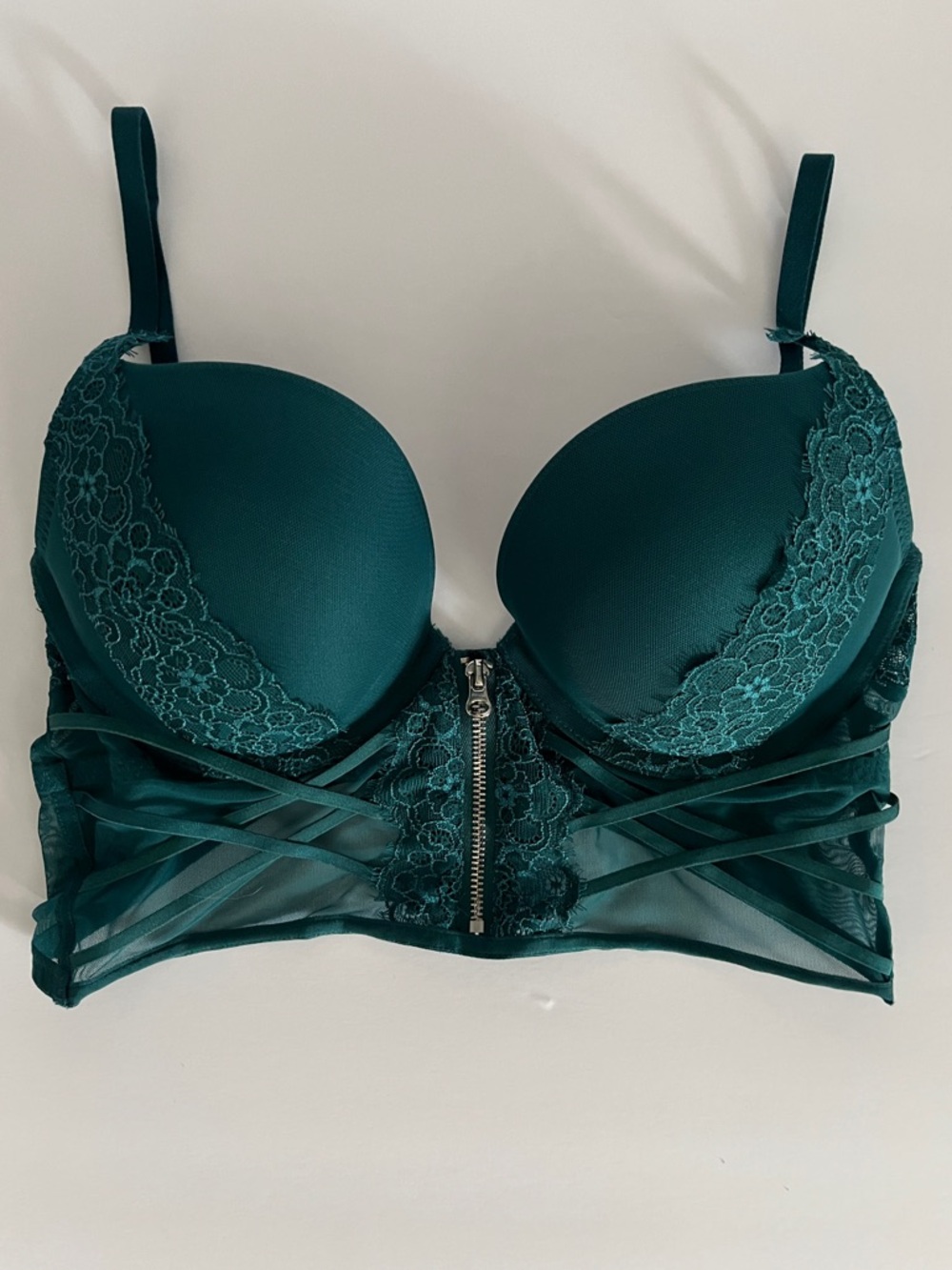 La SENZA Beyond Sexy Floral Lace+Mesh Demi Cup Bustier Bra in Emerald Green 34C